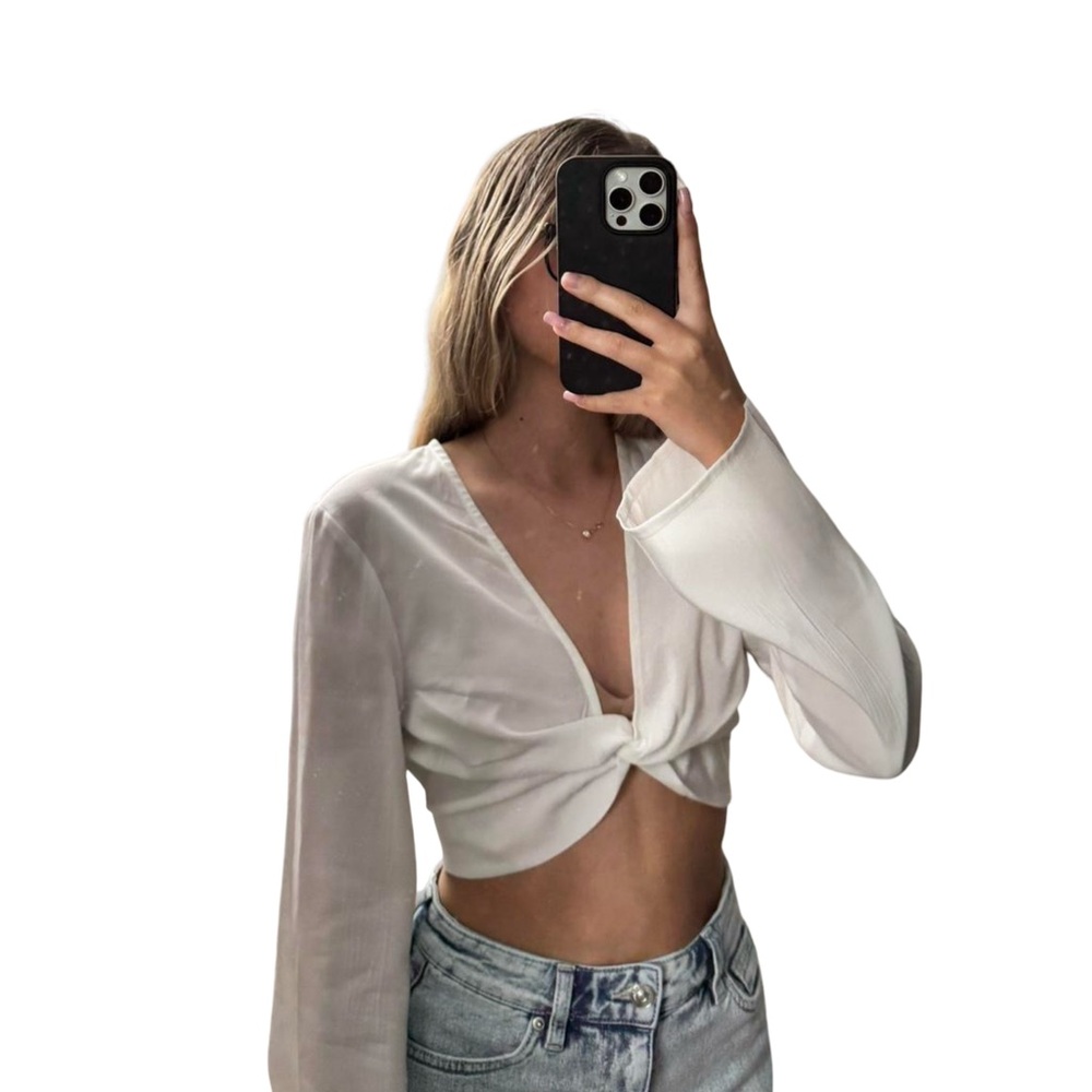 NWT H&M White Long Bell Sleeve Crop Top Front Knot and Back Tie Boho Costal